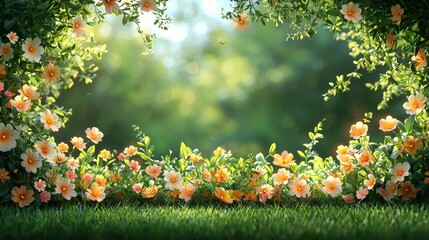 A vibrant floral scene with blooming flowers and lush greenery, evoking tranquility and beauty.