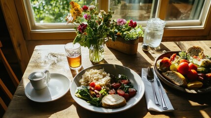 A cozy breakfast setting with a meal, drinks, and flowers by a sunlit window.