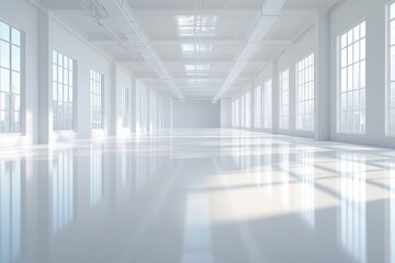Fototapeta premium Bright, Modern Office Space with Large Windows and a Shiny Floor