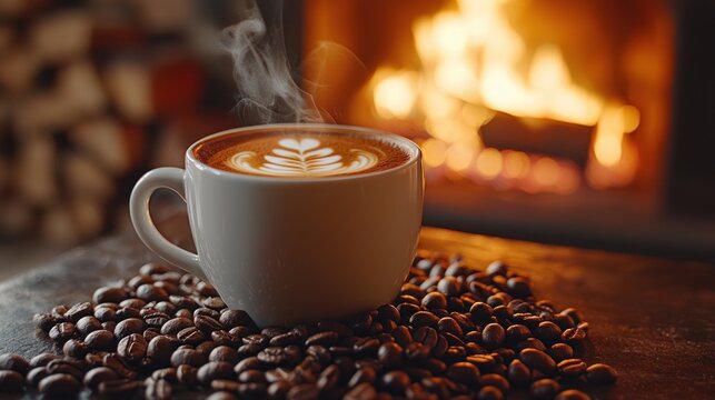 Steaming Cup of Latte with Latte Art and Coffee Beans in Front of a Cozy Fireplace - Powered by Adobe
