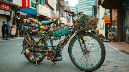 A Heavily Laden Bicycle Parked on a City Street