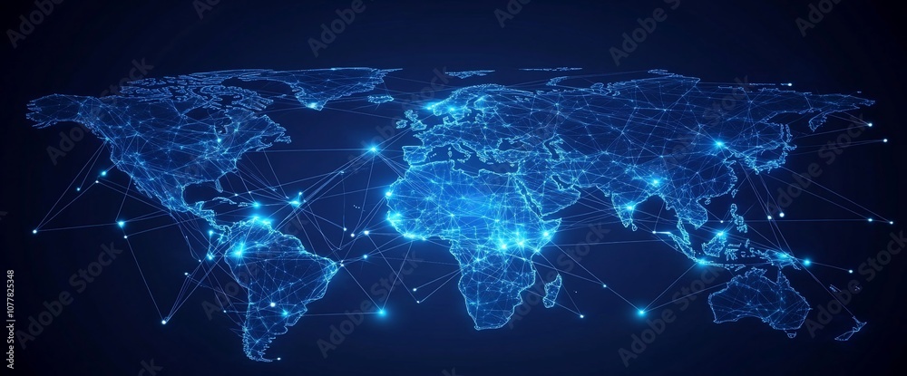 Poster abstract blue glowing world map with connecting lines.