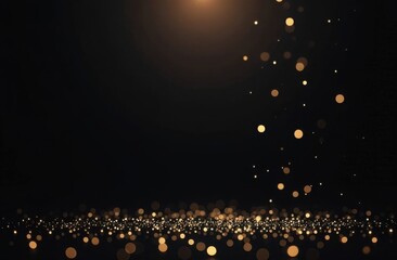 Golden bokeh light on a black background with copy space. Elegant festive and luxury design for Black Friday promotions, holiday banners, posters, greeting cards, and wallpaper