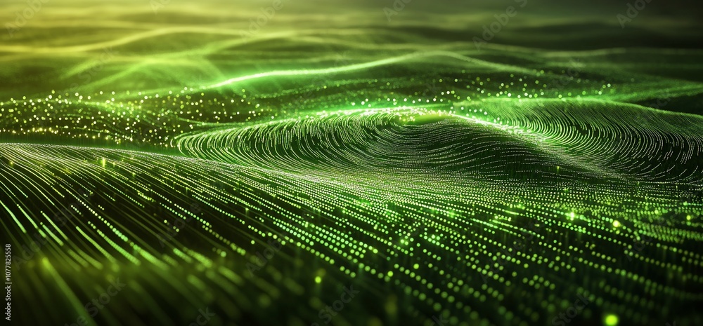 Poster abstract digital landscape with green glowing lines and particles.