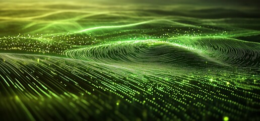 Abstract digital landscape with green glowing lines and particles.