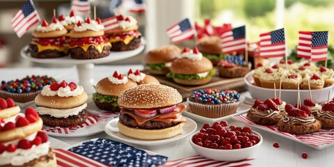 A festive spread of Memorial Day food, including burgers, hot dogs, and patriotic desserts, with small American flags as decoration.
