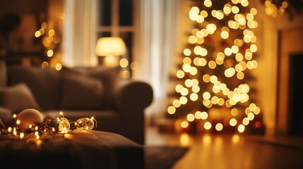 Christmas Lights and Ornaments on a Couch with a Blurred Christmas Tree in the Background