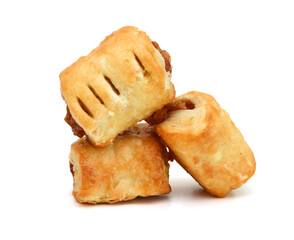 Sweet braided puff pastry isolated or pate feuilletee on white background top view. Fresh phyllo pastry with jam inside close up - Image