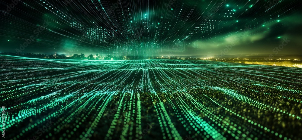 Poster abstract glowing lines converging in the night sky creating a futuristic digital landscape.