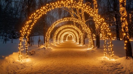 Illuminated Pathway through Snowy Forest Archway