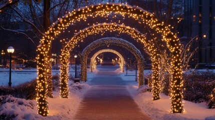 Illuminated Pathway Through Snowy Trees with String Lights