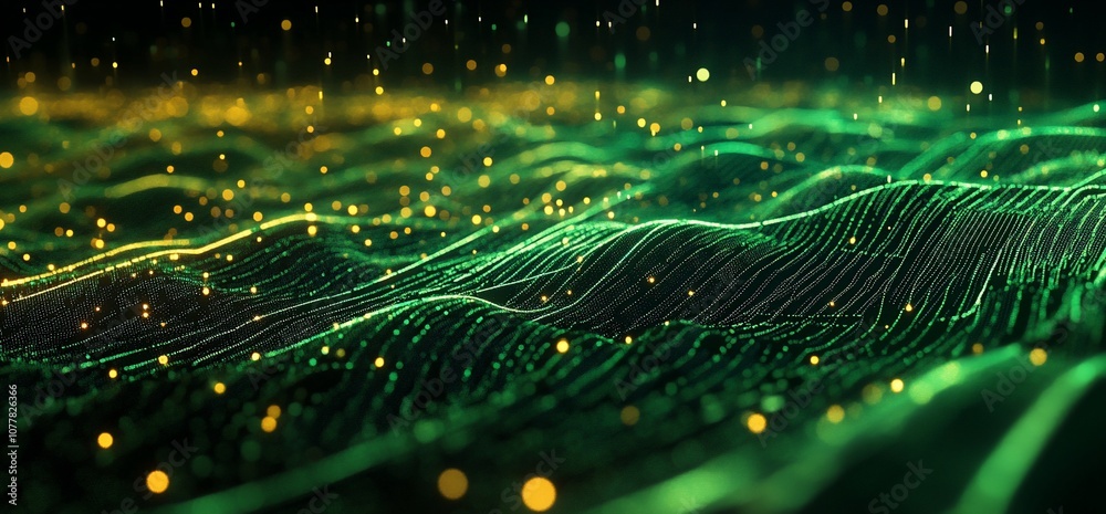 Leinwandbilder abstract green and gold flowing digital data waves with bokeh effect.