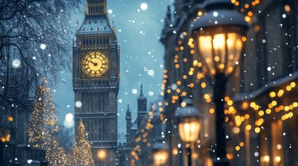 Naklejka premium Big Ben Tower, Christmas Lights, and Snowfall in London
