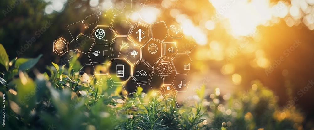 Poster Abstract hexagonal network with icons of technology and nature on blurred green foliage background with sunlight.