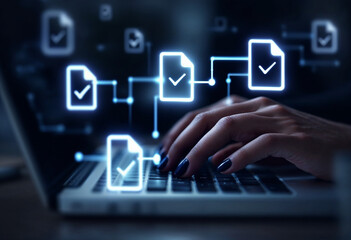 Hands Typing on Laptop with Document Icons