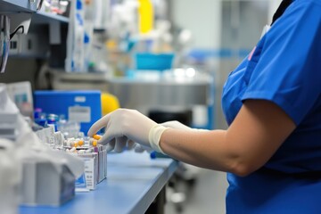 A medical professional organizes vials in a laboratory setting.
