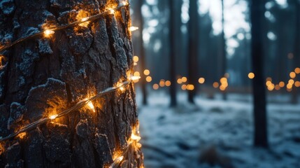 Naklejka premium Twinkling Lights Wrapped Around a Snowy Tree Trunk in a Forest