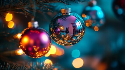 Fototapeta premium Reflective Christmas Ornament Hanging on a Tree Branch