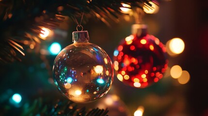 Clear Christmas Ornament Reflecting Lights on a Christmas Tree