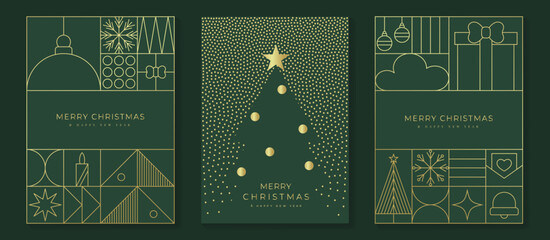 Luxury christmas invitation card art deco design vector. Christmas tree, bauble, gift, candle, envelope, spot texture on green background. Design illustration for season's greeting poster, cover.