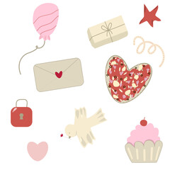 set of icons for valentines day, Vector illustration,  Heart shape set, February 14th celebration, Cute gifts, Red and pink colors, Clip art collection, Isolated elements, Decorations 