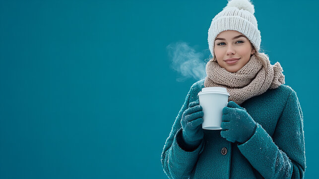 Young woman enjoying a hot beverage outdoors in winter, wearing a cozy outfit and standing against a blue background