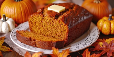 A loaf of freshly baked pumpkin bread, sliced and served with butter, surrounded by fall leaves and mini pumpkins.