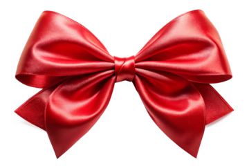 Red ribbon bow for gift box decoration, elegant festive ornament, shiny red ribbon with bow, isolated PNG on transparent background, perfect for christmas, birthday, and holiday gift wrapping designs