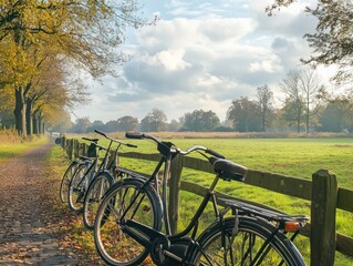 Fototapeta premium A serene landscape featuring bicycles by a fence along a scenic path in autumn.
