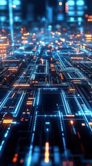 A futuristic digital landscape with glowing circuits and data streams.
