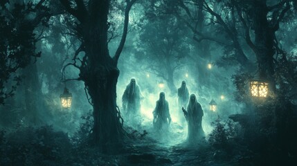Fototapeta premium Spectral Figures Walking Through a Foggy Forest Path