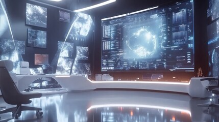 A futuristic control room with advanced technology displays and sleek design.
