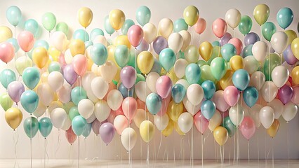 A celebration of joy and light, where pastel balloons dance in the air, their shimmering colors creating a whimsical and enchanting atmosphere.