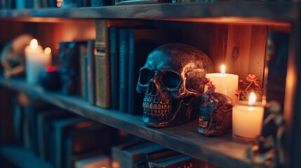 A Skull, Candles, and Books on a Wooden Shelf