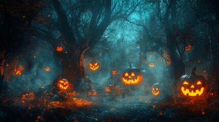 Jack-o'-Lanterns Glowing in a Foggy Halloween Forest