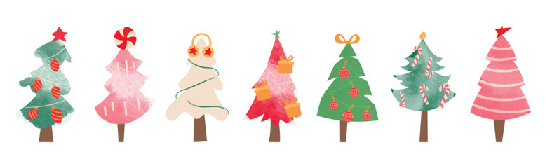 Set of watercolor christmas tree vector illustration. Collection of hand drawn cute decorative christmas trees isolated on white background. Design for sticker, decoration, card, poster, artwork.