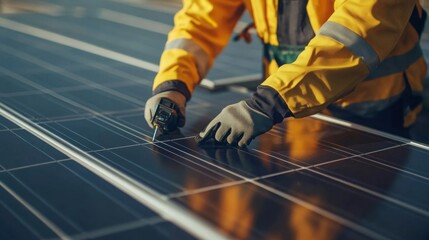 Worker Installing Solar Panels with a Tool