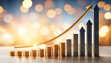Stacks of coins and increasing arrow, business, rising financial charts concept.