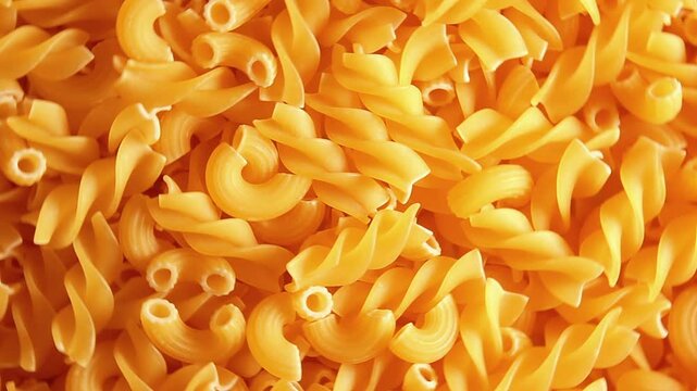 Uncooked Fusilli and Chifferi Rigati Pasta - Top View, Close-Up. Fat and Unhealthy Food. Classic Dry Macaroni, Rotating Background. Raw Different Macaroni Pasta Texture - Rotate Right