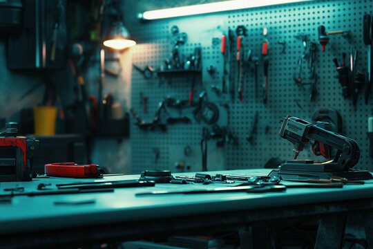 Mechanics Workshop Tool Workspace Bokeh Lighting Craftsman Tools Table Surface