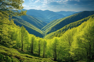 Obraz premium Lush green valleys with rolling hills under a bright sky, showcasing nature's beauty.