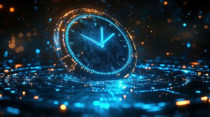 Futuristic Clock Glowing on a Digital Circuit Board