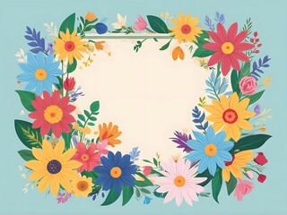 Colorful Floral Wreath with Blank White Square in the Center