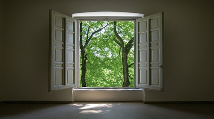 Obraz premium A serene view through an open window, showcasing vibrant green trees outside.