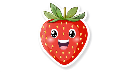Obraz premium Happy cartoon strawberry with big smile and green leaves
