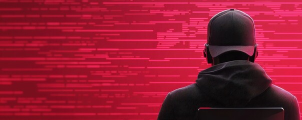 A person in a hoodie sits in front of a laptop, with a digital red background, suggesting themes of hacking and cybersecurity.