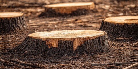 A close-up view of tree stumps in a deforested area, highlighting environmental impact.
