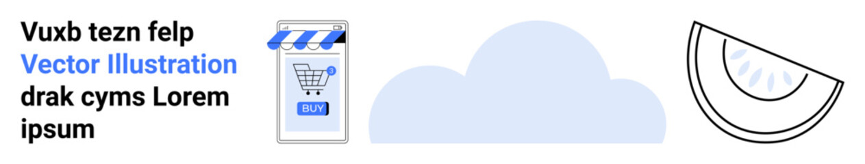 Shopping cart with striped awning, cloud, text elements, and watermelon slice. Ideal for e-commerce, weather apps, food blogs, digital marketing, educational materials, social media posts, landing