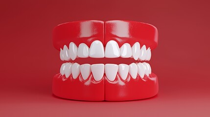 Obraz premium A 3D rendering of a set of perfect white teeth in a red mouth on a red background.
