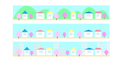 Spring Town Landscape, Cherry Blossom Trees, Pastel Colors